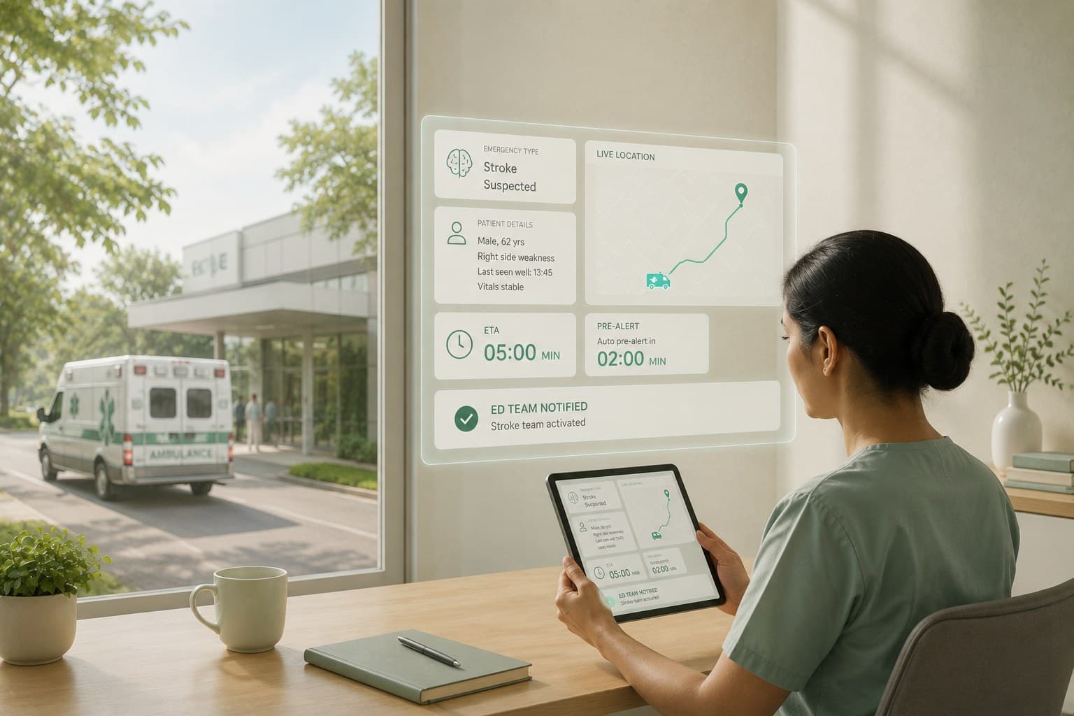 A nurse reviews a live pre-alert dashboard on a tablet showing stroke details, ETA, and an incoming ambulance
