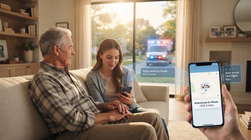 A family at home is kept informed in real time as an ambulance arrives, tracked live on a phone