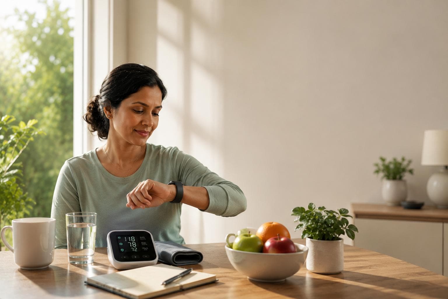 A woman checks her heart rate on a smartwatch beside a home blood pressure monitor